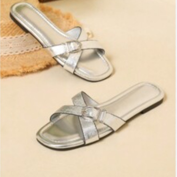 Zara Shoes - ZARA Silver Sandals Buckle Criss Cross Slides Size 37 Cushion Sole Flats